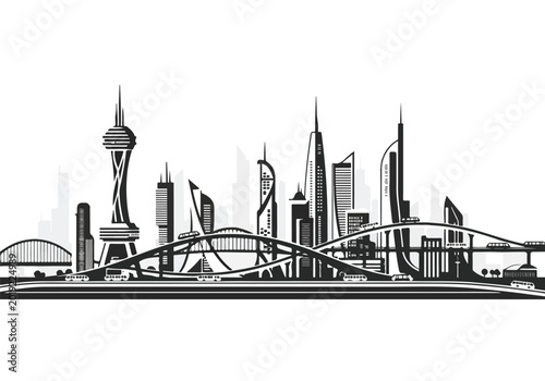 Modern city skyline with sleek skyscrapers and curved bridge at dusk