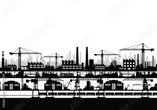 Industrial cityscape silhouette with cranes and factories at dusk