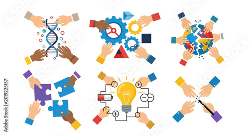 Diverse hands assembling puzzle pieces, gears, business icons, teamwork collaboration symbols, colorful vector illustrations, 6 teamwork icons