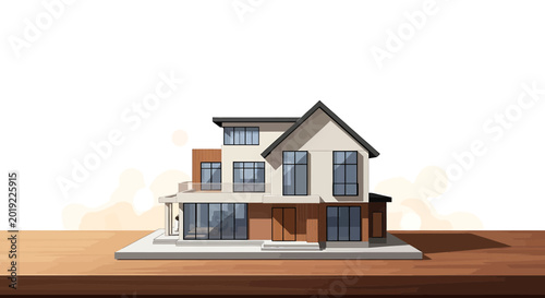 Modern two story luxury house with large windows and gabled roof
