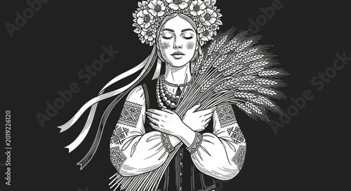 Foto Ukrainian folk woman, traditional dress, floral crown, wheat bouquet, black and