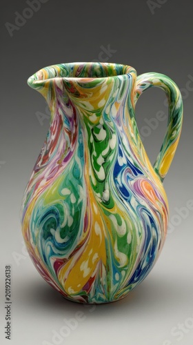 Colorful marbled ceramic pitcher on gray background