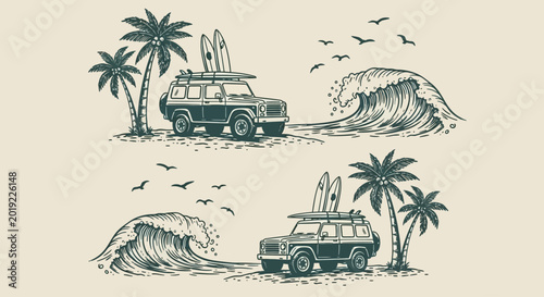 Canvas Print Vintage surf trucks, beach waves, palm trees, surfboards, tropical travel icons