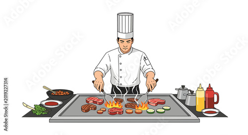 Teppanyaki Chef Grilling Steaks and Vegetables on Flat Top Grill