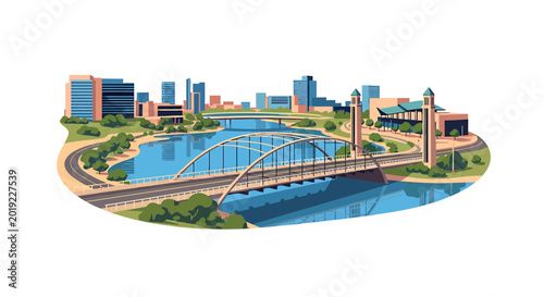 Modern city skyline with arched bridge and river landscape