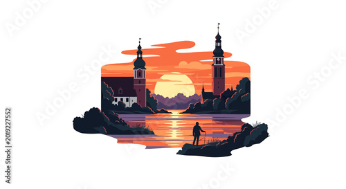 Peaceful evening scene with church towers and fisherman on the shore