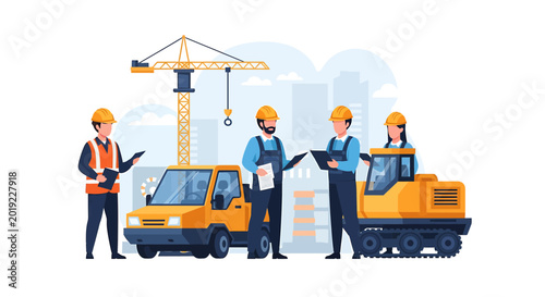 Construction team working with heavy machinery at building site