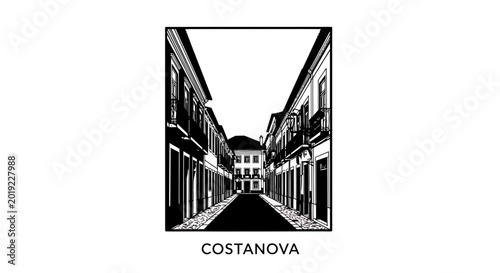 Historic Costa Nova street scene in minimalist black and white line art