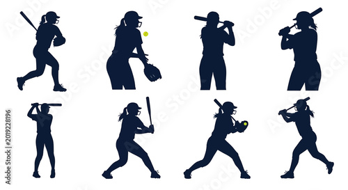 Female softball players in various athletic action poses