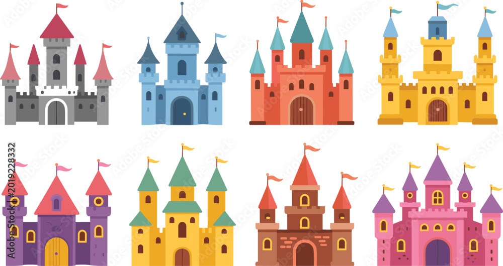 Fototapeta premium Fairytale castle collection, colorful fantasy palace illustrations for kids and medieval themed vector design isolated background