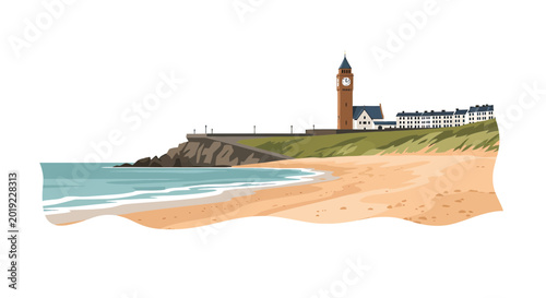 Scenic coastal town with clock tower and sandy beach landscape