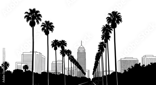 Palm tree lined street leading to city skyline silhouette