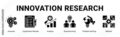 Innovation Research web banner icon concept,  with Innovate, Experiment Results, Analyze, Brainstorming, Problem-Solving, Method.