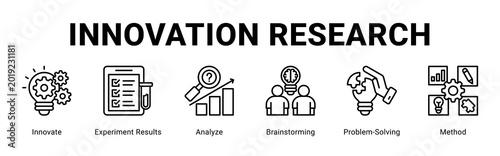 Innovation Research web banner icon concept,  with Innovate, Experiment Results, Analyze, Brainstorming, Problem-Solving, Method.