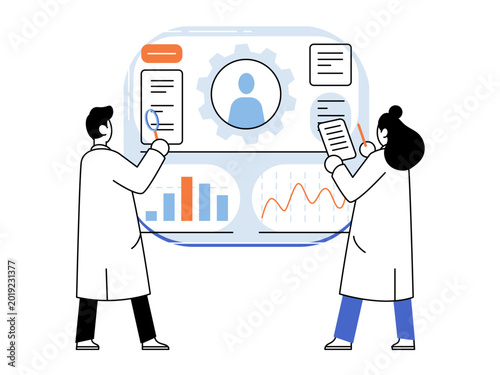 Foto Scientists analyze data on a digital dashboard vector illustration