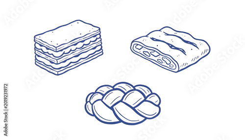 Bild auf Leinwand Set of 3 Hand-Drawn Baked Goods Outline Icons