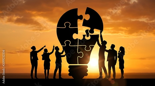 Teamwork as a Lightbulb Puzzle Silhouette