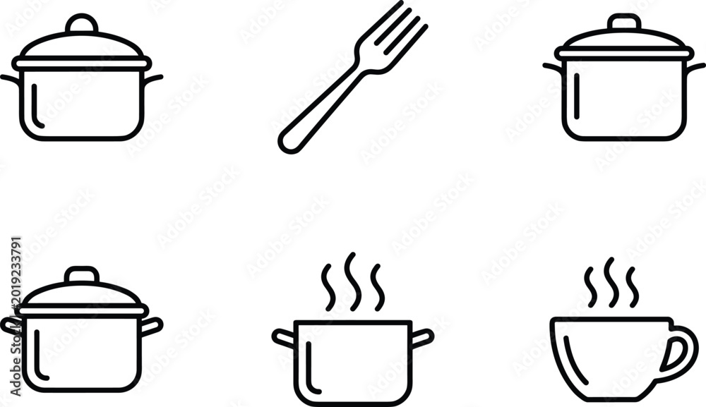 Obraz premium Set of Simple Black Kitchen and Cooking Icons Including Pots, Fork, Hot Pot, and Cup for Cooking, Culinary, Food, and Restaurant Design