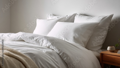 Comfortable White Bed with Pillows and Duvet.