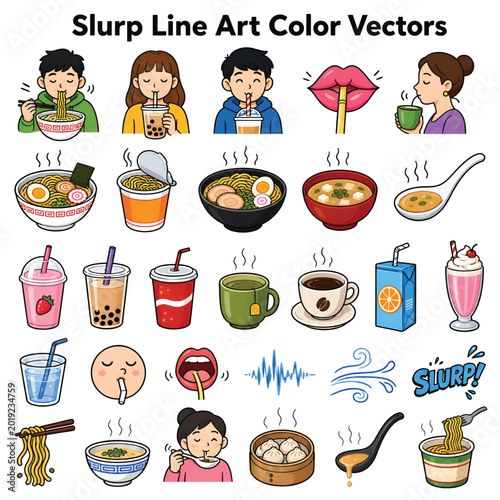 Slurp Line Art Color Vectors Set – Food And Drinking Illustration Collection