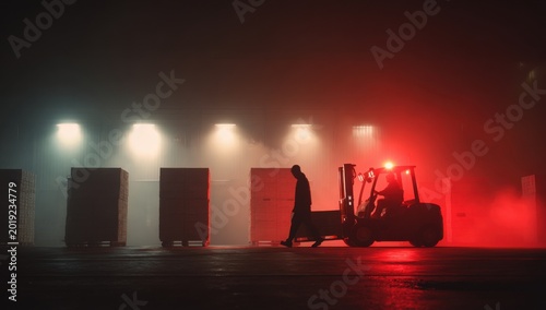 Forklift Operator Working in Foggy Industrial Warehouse at Night.