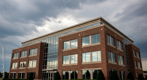 Large red brick office building with many windows under a cloudy sky