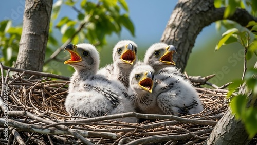 Four baby birds in nest tree.
