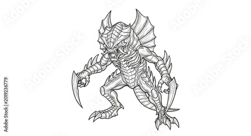 Fotografía Detailed Line Art Drawing of a Fierce Dragon Creature.