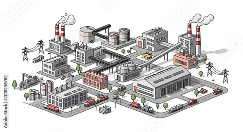 Foto Detailed isometric illustration of a sprawling industrial factory complex with multiple buildings and smokestacks