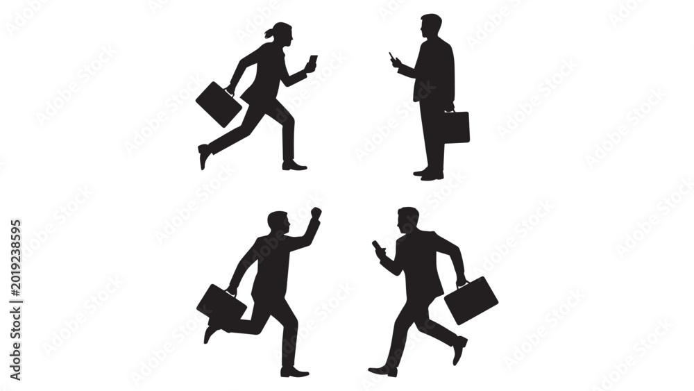 Fototapeta premium Silhouettes of business people running with briefcases and using phones for rush work