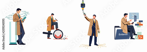 Tableau sur toile Cyber forensics investigator concept featuring a man in a trench coat using digital tools for data analysis, evidence collection, and online investigation