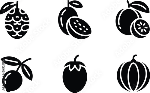 Tableau sur toile Various black silhouette fruit icons including soursop passion fruit olive straw