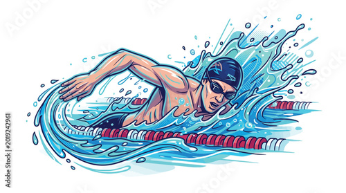 Tableau sur toile Male swimmer in goggles and cap performing freestyle stroke in a swimming pool with lane markers and splashing water