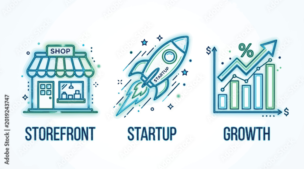 Fototapeta premium Set of icons representing storefront, startup, and business growth with charts and rocket.