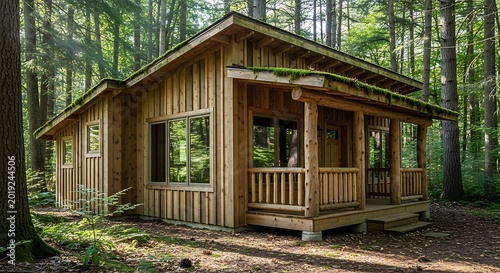 Cozy wooden cabin nestled in a serene forest setting with a covered porch and large windows for relaxation and nature connection