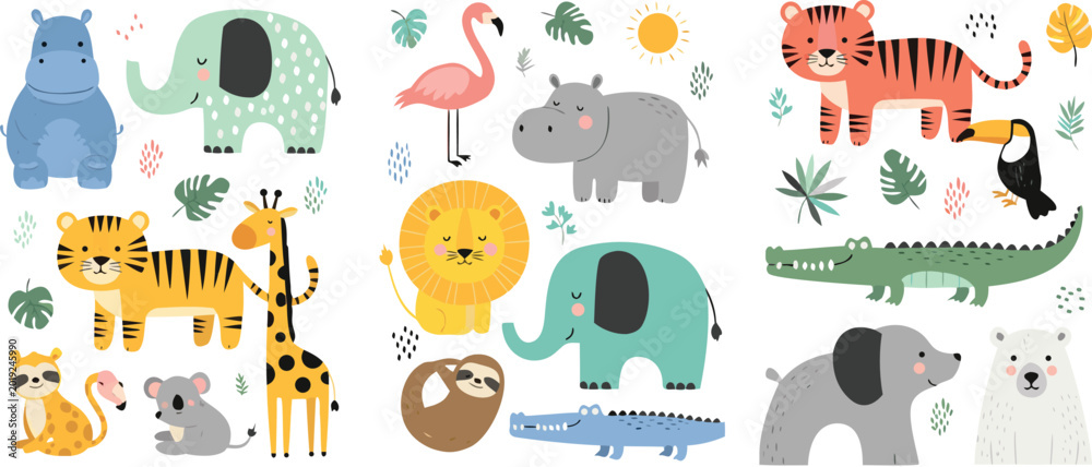 Obraz premium Cute safari animal vector collection featuring hand drawn lion, tiger, elephant, giraffe, hippo, flamingo, and crocodile characters for nursery decor and children stickers