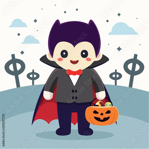 Cute cartoon vampire with candy bucket on Halloween night