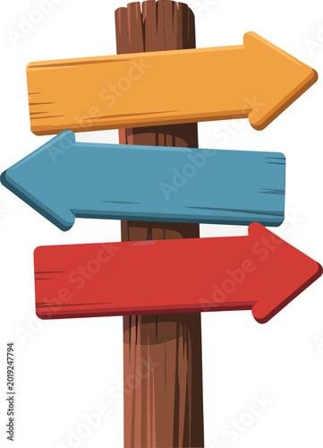 Colorful wooden sign post with three blank directional arrows pointing in different ways for travel and path guidance