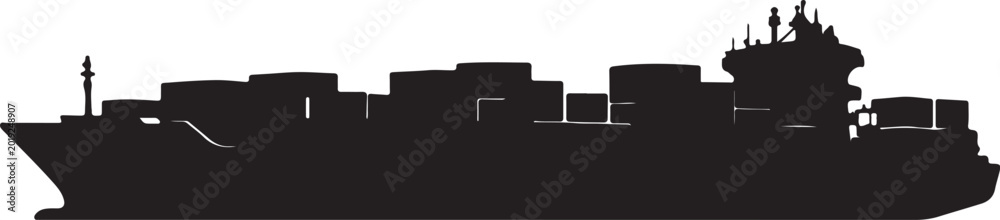 Obraz premium Silhouette of a large cargo container ship with black and white, vessel silhouette