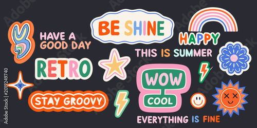 Colorful retro stickers collection with positive messages on a dark background high quality professional detailed