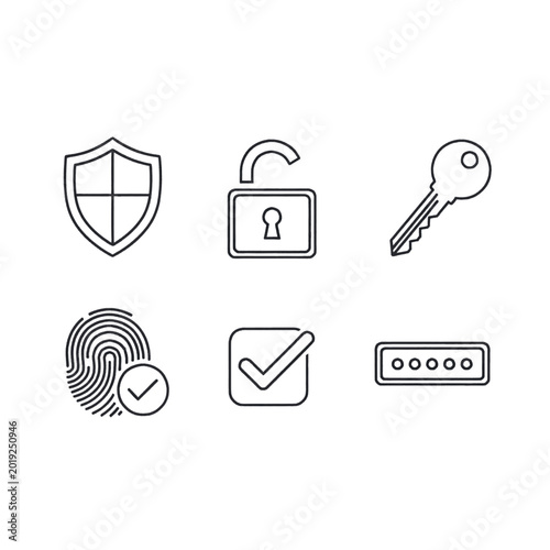 Photos Set of icons representing security and access, including a shield, unlocked padlock, key, fingerprint, checkmark, and password field