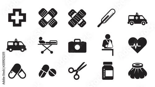 Medical icon set with 15 black vector symbols, healthcare and first aid emergency elements, hospital equipment and medicine icons for healthcare apps