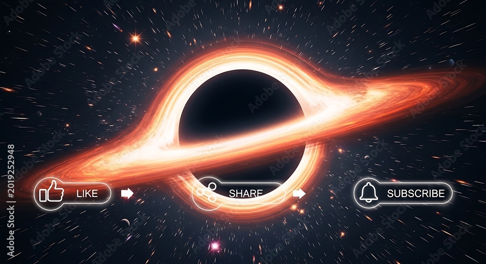 Obraz premium Massive cosmic singularity features glowing accretion disk and luminous interaction prompts against deep space