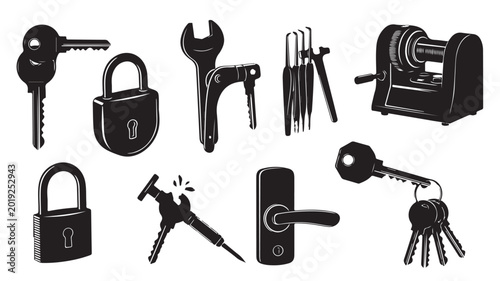 Locksmith service vector icons set, professional security equipment and door hardware, black and white locksmith tools and key cutting machine