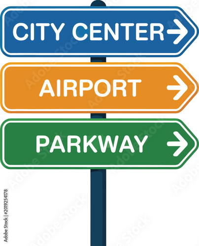 Colorful directional road signs pointing to city center airport and parkway with arrows on a metal post