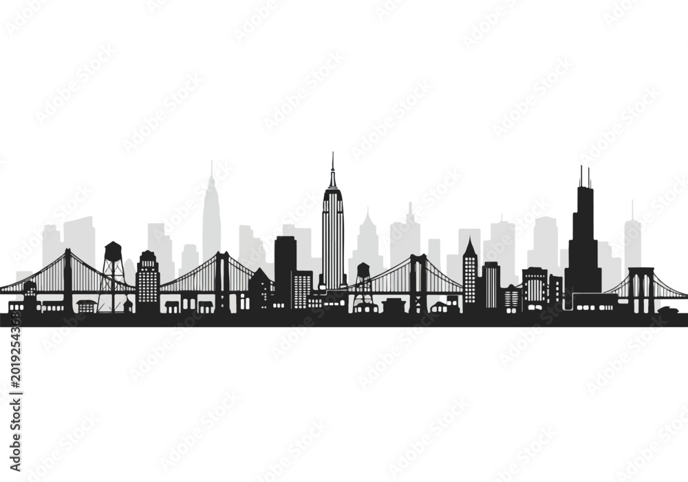 Fototapeta premium Black silhouette of a city skyline with a suspension bridge and skyscrapers at dusk