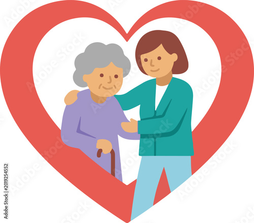 A caregiver assisting an elderly woman within a heart shape, symbolizing love and care, home care