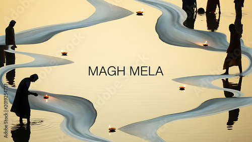 Silhouettes of people performing rituals at a river during Magh Mela, with floating candles and reflective water
