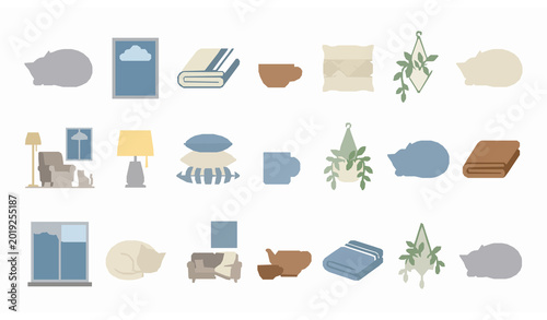 Sleeping cat beside rainy window illustration set with cozy indoor nighttime aesthetic scenery