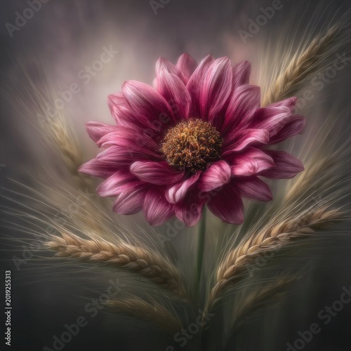 Pink Dahlia Flower with Wheat Stalks